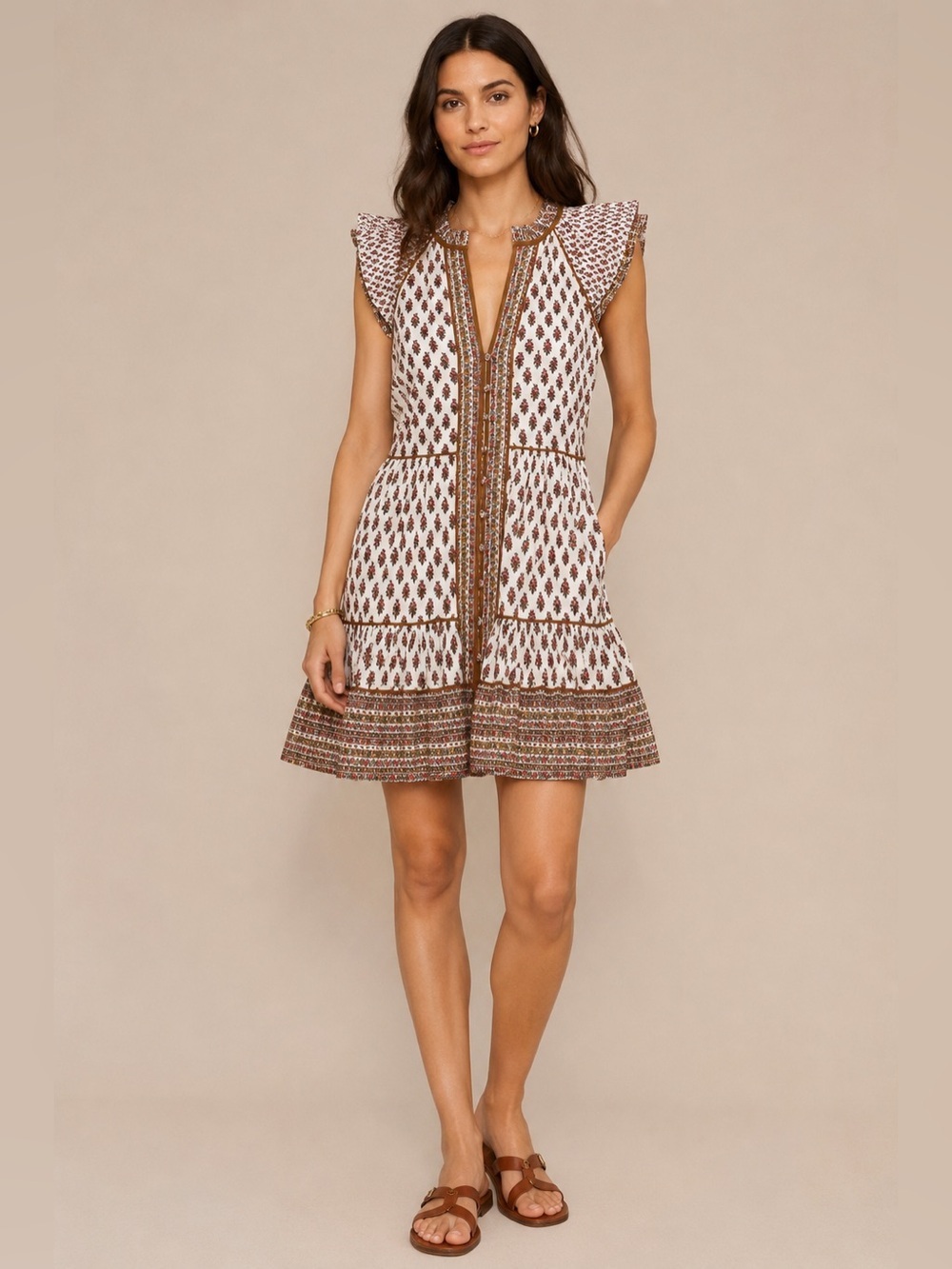 Veronica Beard Blockprint Floral Cotton Mini Dress Flutter Sleeve Boho